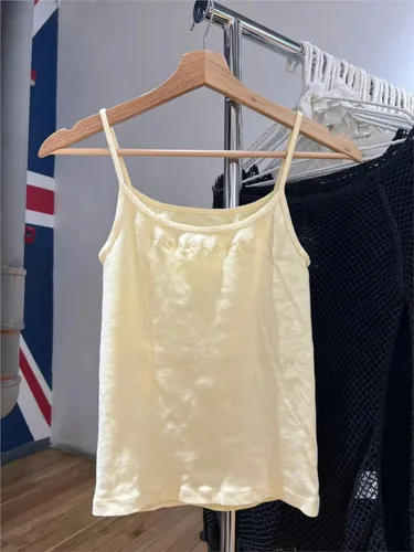 Imagen 2 del producto Top corto con bordado Floral amarillo para mujer, camisola ajustada de algodón sin mangas con adornos de encaje, ropa dulce y bonita, camisetas sin mangas de estilo Preppy Y2K