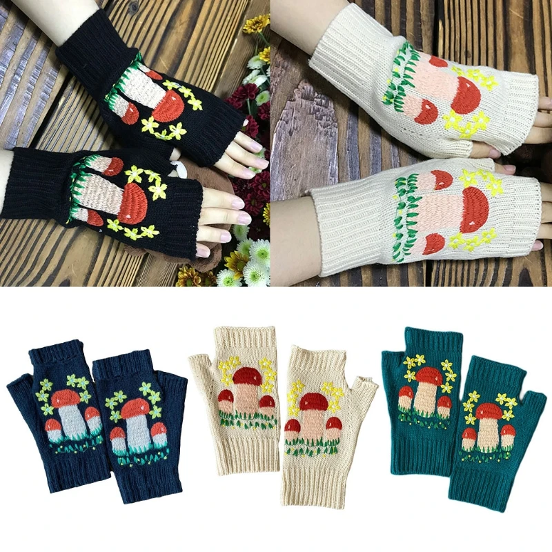 

Cartoon Embroidere Mittens Fingerless Gloves Knitted Mittens Mushroom Flowers Gloves Stretchy Half Finger Gloves