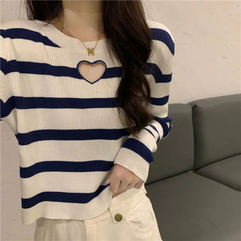 Women Clothing Fashion All-match LOVE Hollow Out T-shirt Autumn Winter Elegant Chic Striped Long Sleeve Pullover O-neck Knit Top