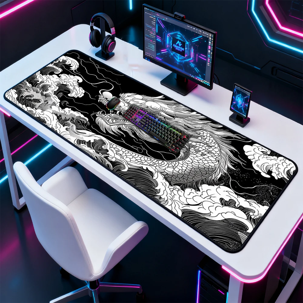 Japanese Dragon Mouse Pad Black 1400x600mm Extra Large Nonslip Table Ocean Storm Design Gaming 120x60 Rubber Mat Mousepad Gamer