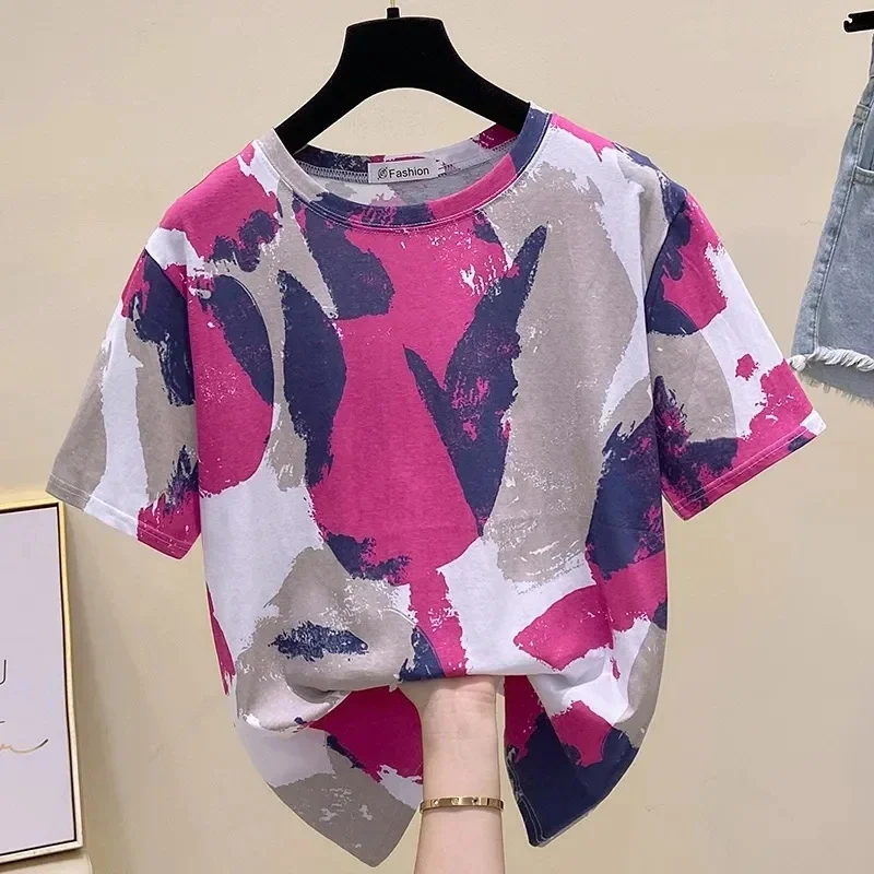 

Tie Dye Printing Vintage O-Neck Pullover Short Sleeve T-Shirt Women's Blouse Shirt Korean Fashion Female Clothing Tops 2025