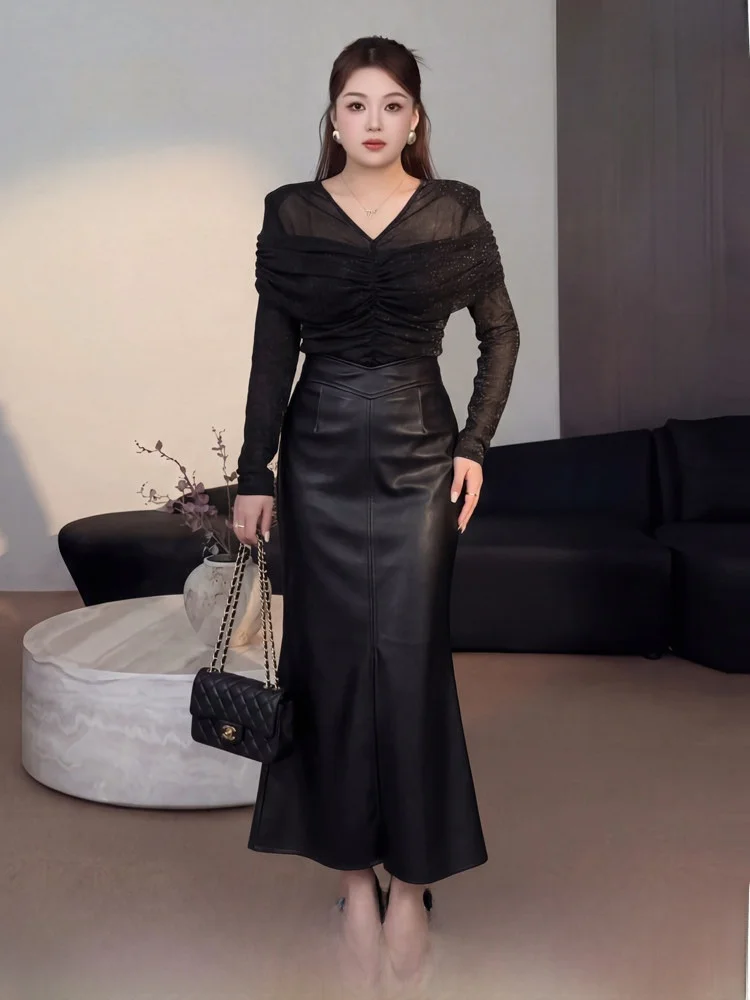

Spring New Arrival Large Size Women's Faion Set with irt T-irt Lace Skirt High Waist A-line Long Dring Sle