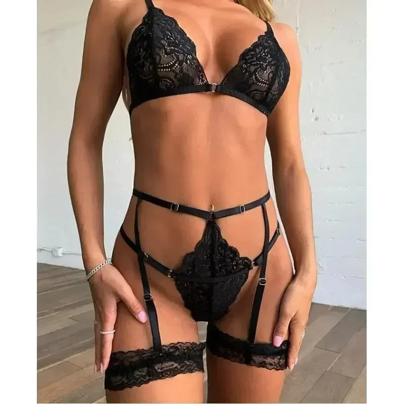 Sexy Bow Exotic Sets Hollow Out Women\'s Underwear Erotic Cut-out Sexy Lingerie Bra Panty and Garter Lingerie Set Lenceria Mujer