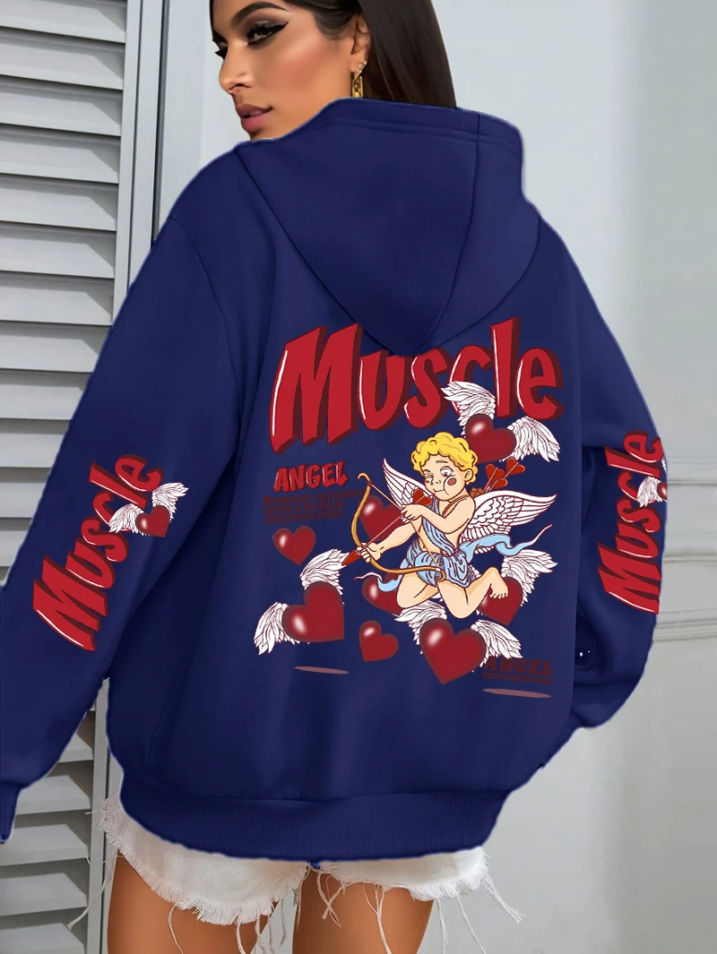 Damska bluza z kapturem z nadrukiem aniołów strzelających strzałami w stronę miłości, codzienna bluza z kieszeniami, jesienne ubrania uniwersalne, wygodna bluza polarowa Y2K