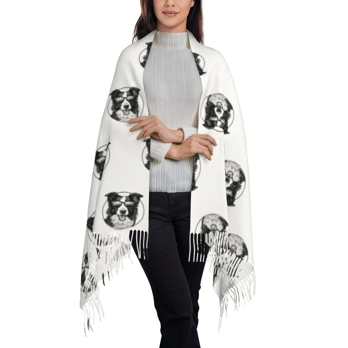 Border Collie Scarf Tassel Scarves Women Soft Warm Shawls and Wraps Long Fall Winter Shawl Wrap