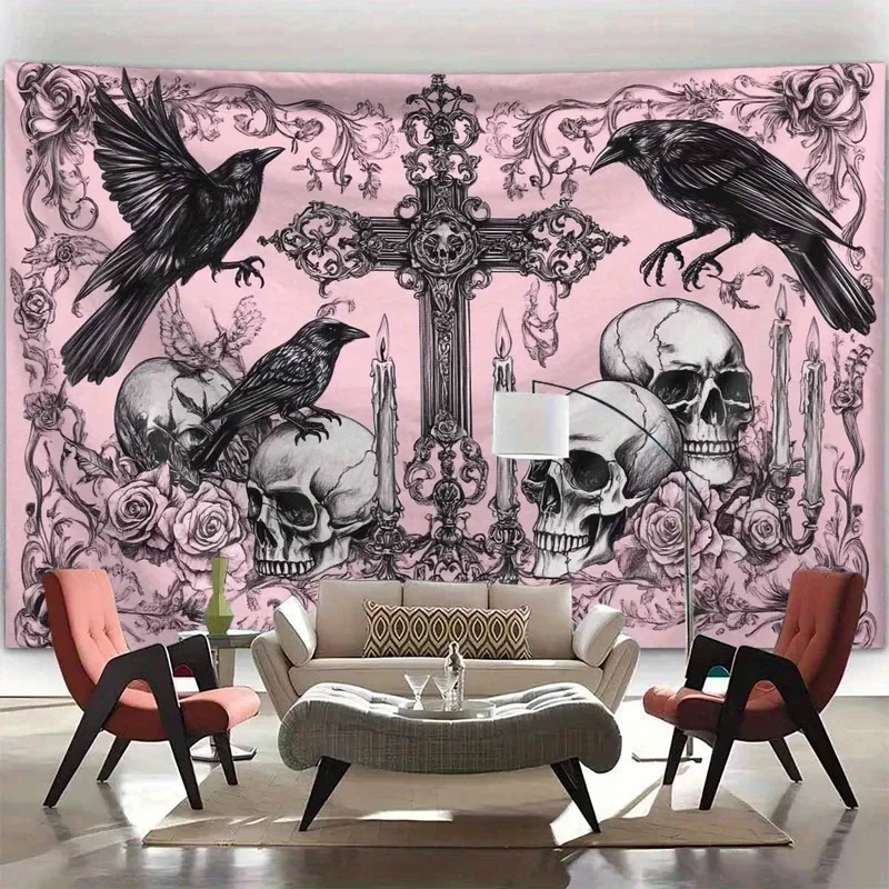 VIKAMA Gothic Pink Skull Raven Tapestry, Black Crow & Cross with Roses Wall Hanging for Halloween & Dark Aesthetic Room