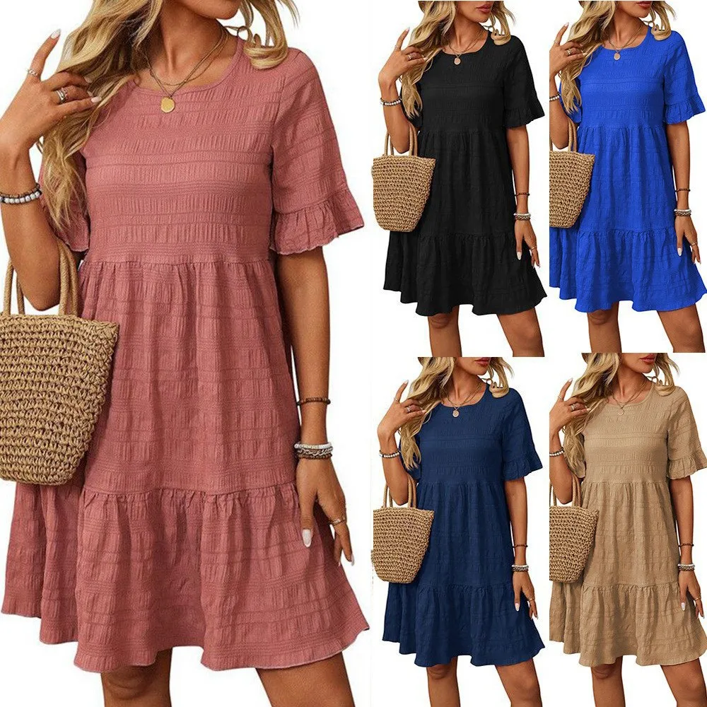 Summer Woman Dress Midi Round Neck Ruffle Sleeve Dresses Short Sleeve Casual Dress Tiered Skirt Smocked Bodice A Line Dress