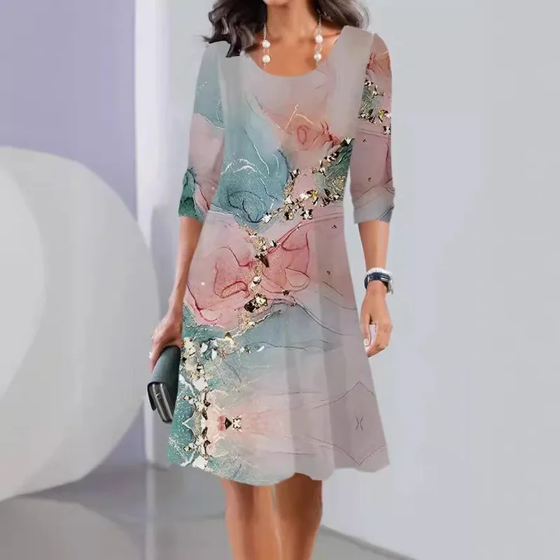 

Autumn Spring New Print Long Sleeve Round Neck Midi Dress Fashion Casual Floral Pattern Loose Fit Comfortable Women Clothing