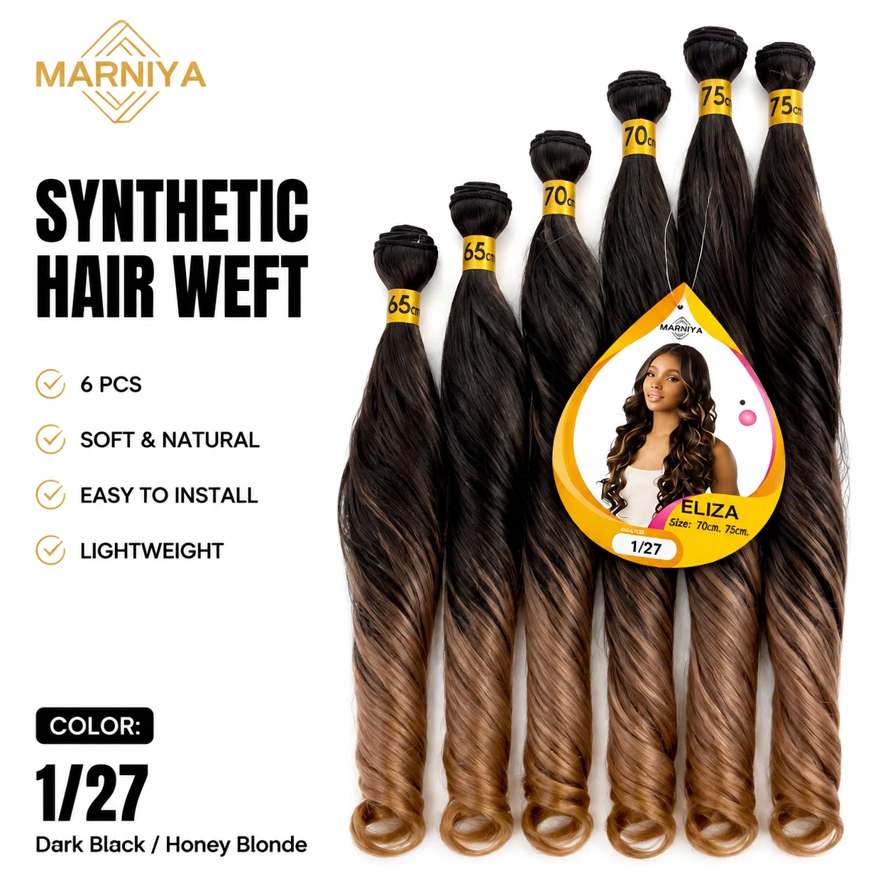 6 Pcs/Bag 65-75cm Heat Resistant Synthetic Fiber ELIZA Loose Deep Wave Hair Weft Ombre 1/27 Dark Brown to Golden Blonde Clip in
