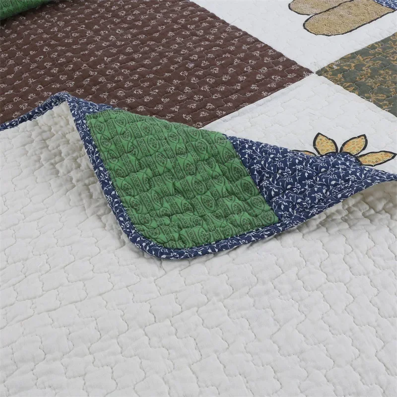 Country Style 3-Piece Quilt Set, 100% Cotton Patchwork Bedspread,2PC Cartoon Sheep Bed Blanket - King Size Summer Comforter