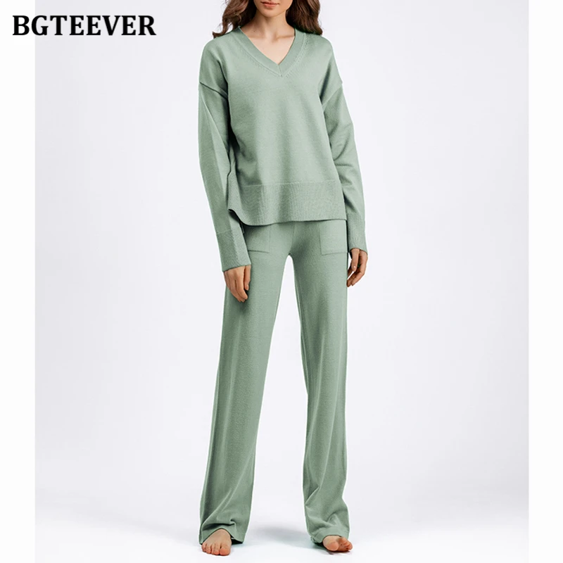 BGTEEVER Set maglione da donna allentato casual Pullover invernale con scollo a V a maniche lunghe e pantaloni dritti Pantaloni lavorati a maglia Abiti da donna