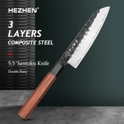 HEZHEN 5.5 Inch Santoku Knife 3 Layers Clad Steel 10Cr15CoMov Composite Stainless Steel Kitchen tools Cooking Knives