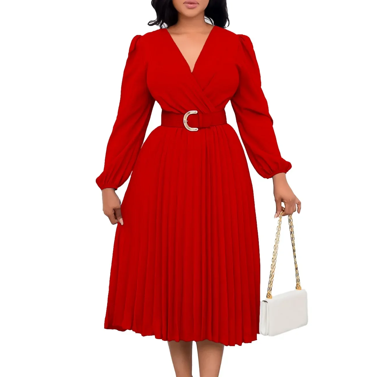 Abiti africani per donna Elegante autunno Africa manica lunga scollo a V poliestere bianco giallo rosso blu abito a pieghe abiti africani