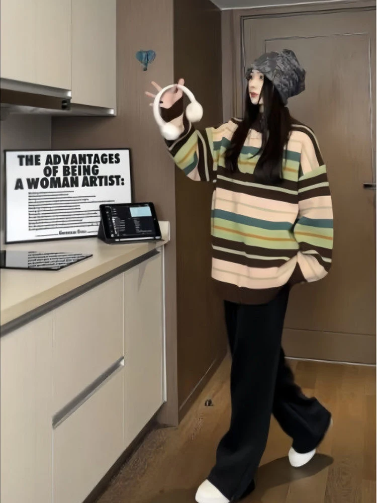 

American Retro Rainbow Color Blo Open Cardigan Sweater Men's Autumn Winter Loose Lazy Sle Knitted Sweater Couple's Knitwe...