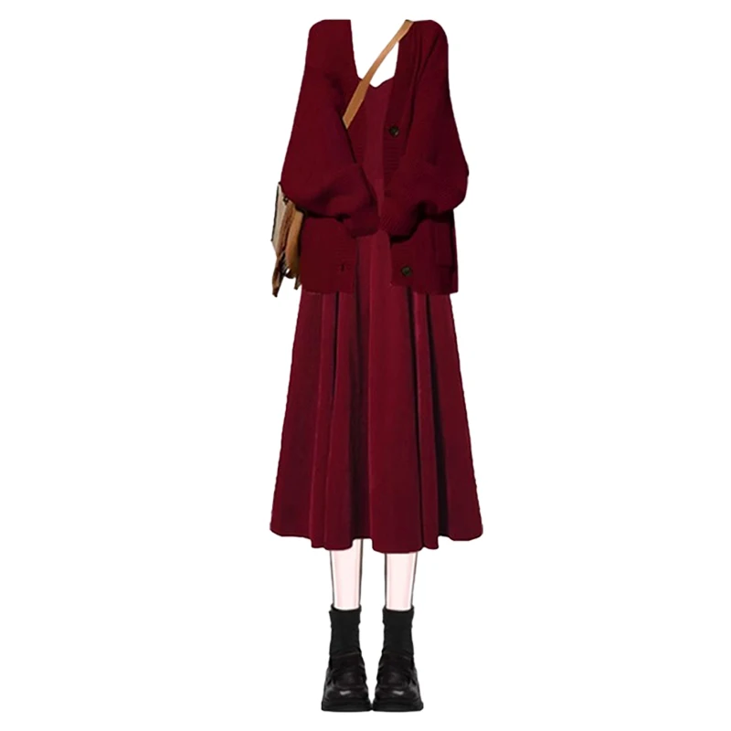 Autumn Winter Women's Knitted Cardigan Sweater Set with Strap Dr Two Piece Suit Long Sve Faionable Casual Outfit