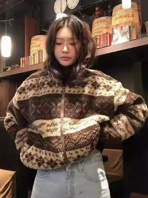 

Retro Fair Isle Textured ort Jaet Women's Winter Cotton Lined Loose Fit Stand Collar Versatile Lamb Fur Cotton Coat