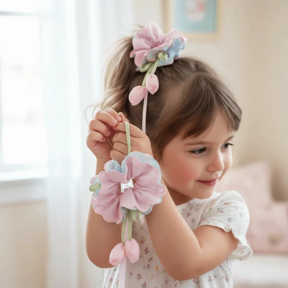 Girls Ponytail Holder Floral Tulip Hair Scrunchie Sweet-style Elastic Ribbon Hair Tie Lightweight Durable Bun Maker Girls