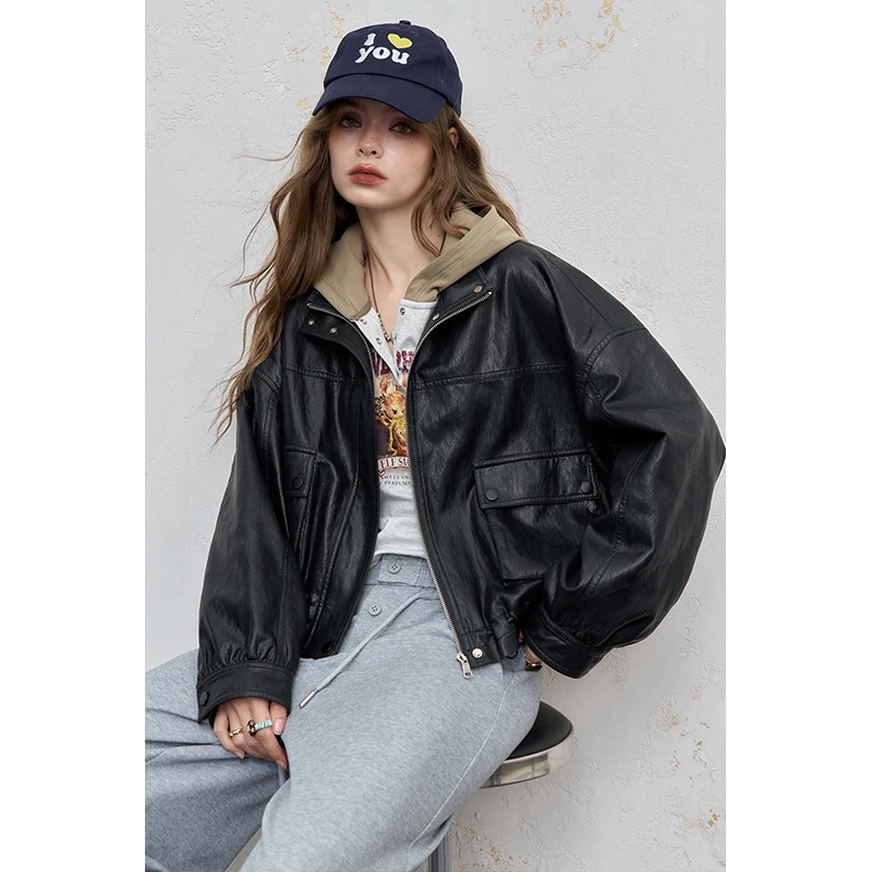 ELFSACK Women's Stand Collar Jacket with Plaid Lining, Casual Cropped Outerwear for Daily Wear