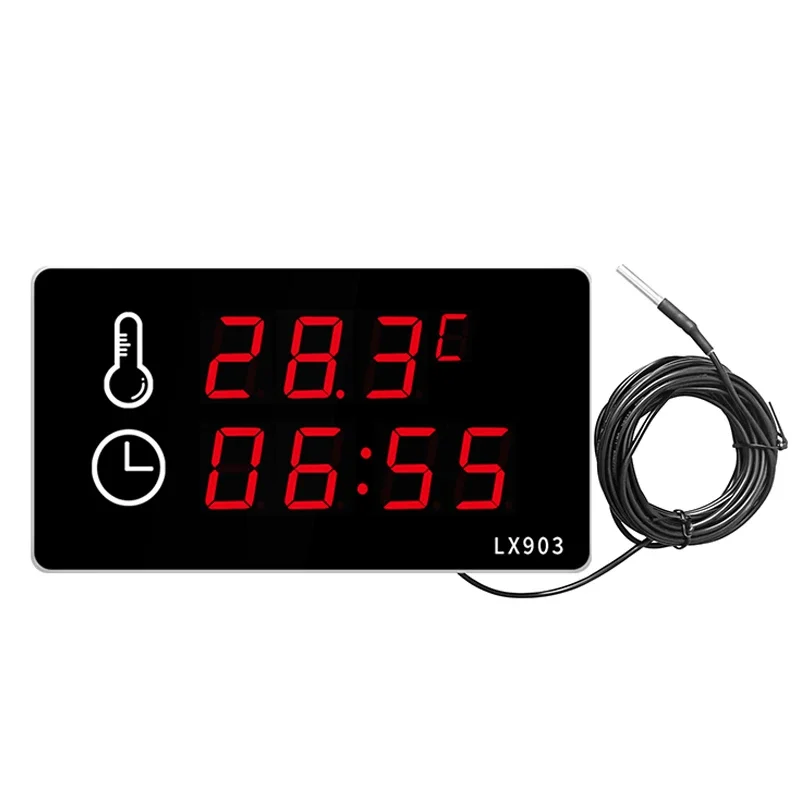 Large screen LED display wall mounted industrial thermometer instrument clock with external waterproof probe swimming pool