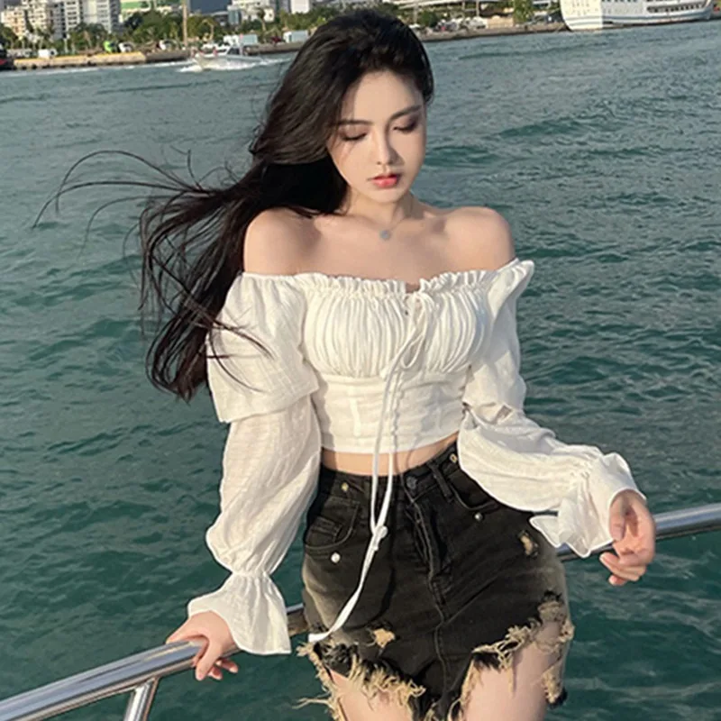 

Сплошной цвет, кружевная облегающая рубашка с квадратным воротником, милая пышная короткая рубашка с длинными рукавами, топ, корейский весенне-осенний топ