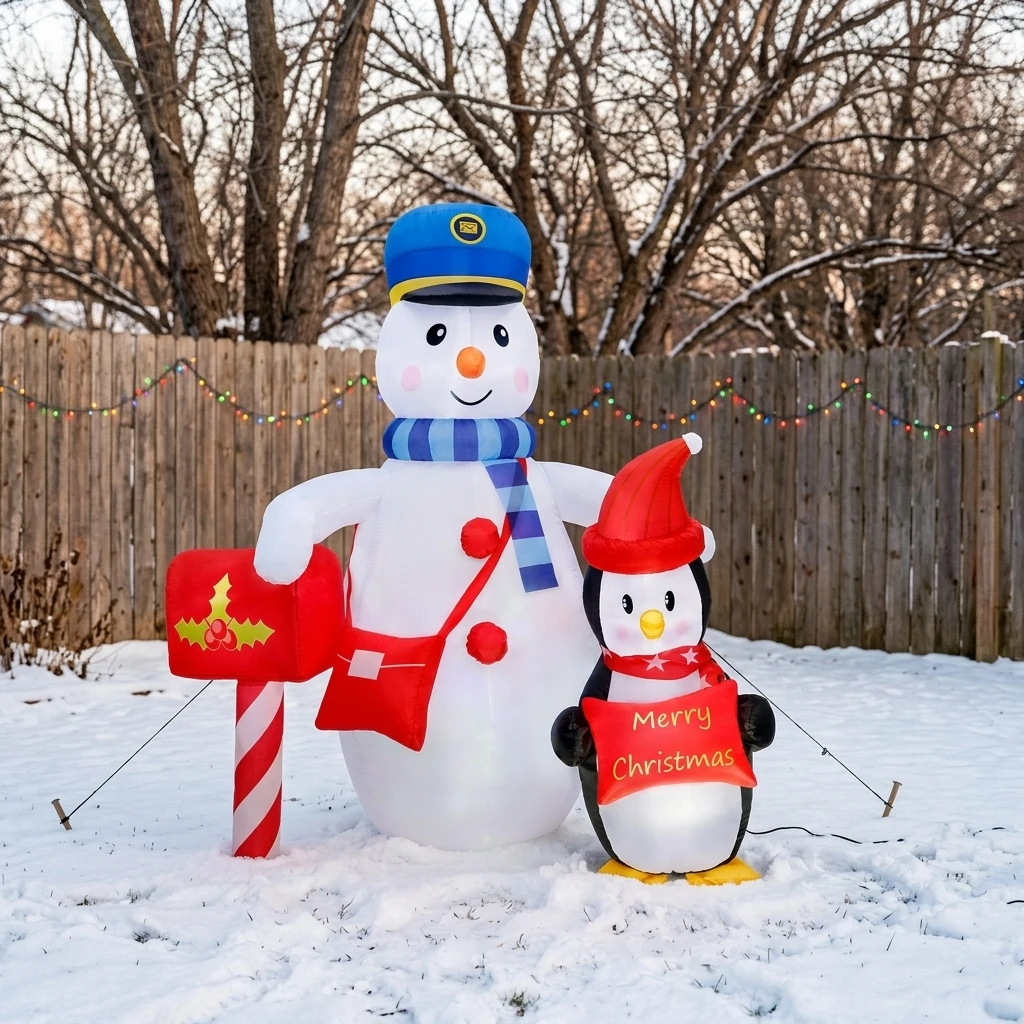 Snowman Postman with Blue Hat and Penguin Holding Sign in Red Hat for Christmas Holiday Interactive  Decoration