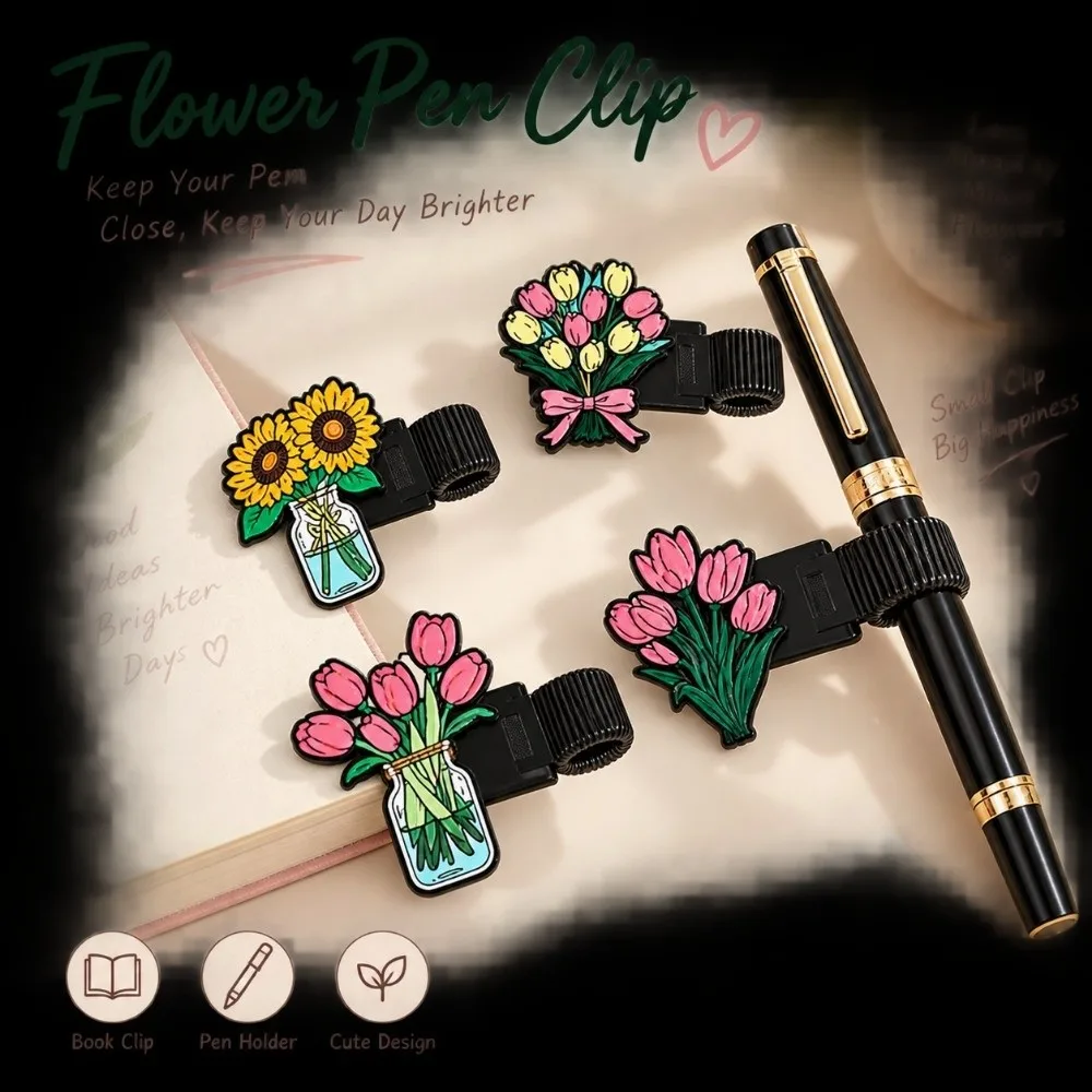 New Spring Metal Clip Metal Pen Clip Elegant Floral Pattern Flower Bookmark Cartoon Zinc Alloy Notebook Pen Holder Desk Use