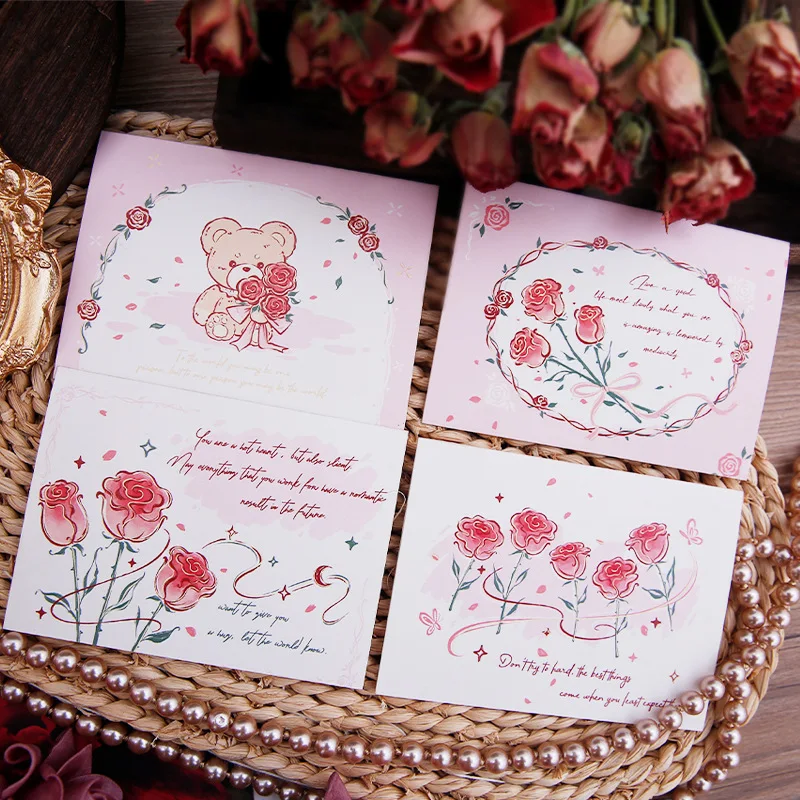 4pcs Romantic Rose Greeting Card Pink Aesthetic High-Value Postcard Card Creative Gift Green Red Pink Card Set