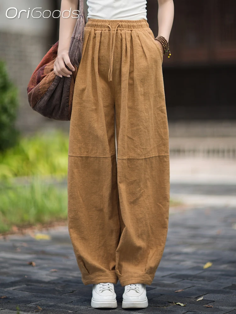 OriGoods Ramie Cotton Harem Pants Woman 2025 Autumn New Elastic Waist Loose Natural Fabric Linen Long Pants Vintage B323