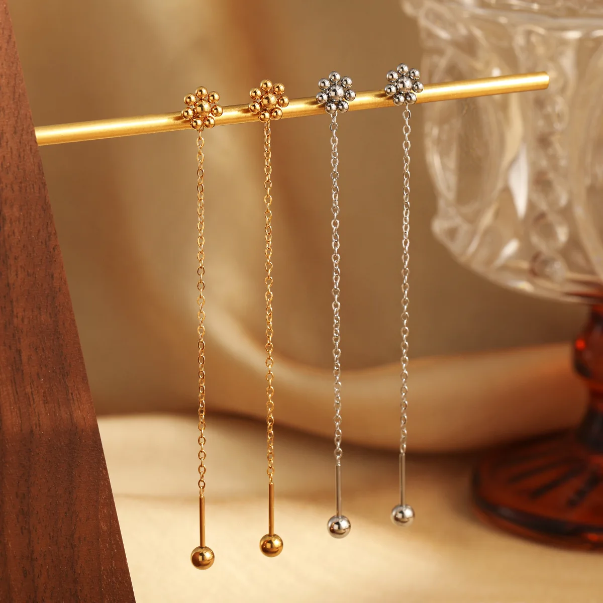 18K Gold Plated Stainless Steel Bead Flower Threader Earrings for Women Tassel Drop Dangle Earrings Minimalist Jewelry Gift