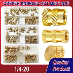 60PCS/set 1/4-20 Insert Nut Inch Size Brass Threaded Heat Knurled Hot Melt Molding Injection Embedded Copper Nut of 3D Printing