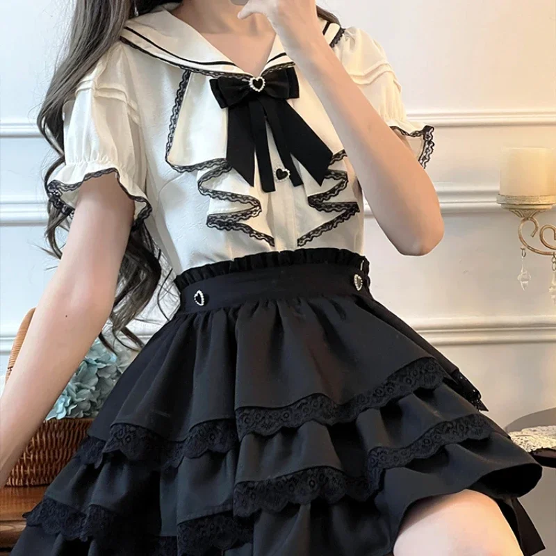 Japanese Jk Uniform Original Design Casual Style Sailor Collar Retro Horn Sleeve Bow Solid Color Top Black Cake Skirt Set Girl