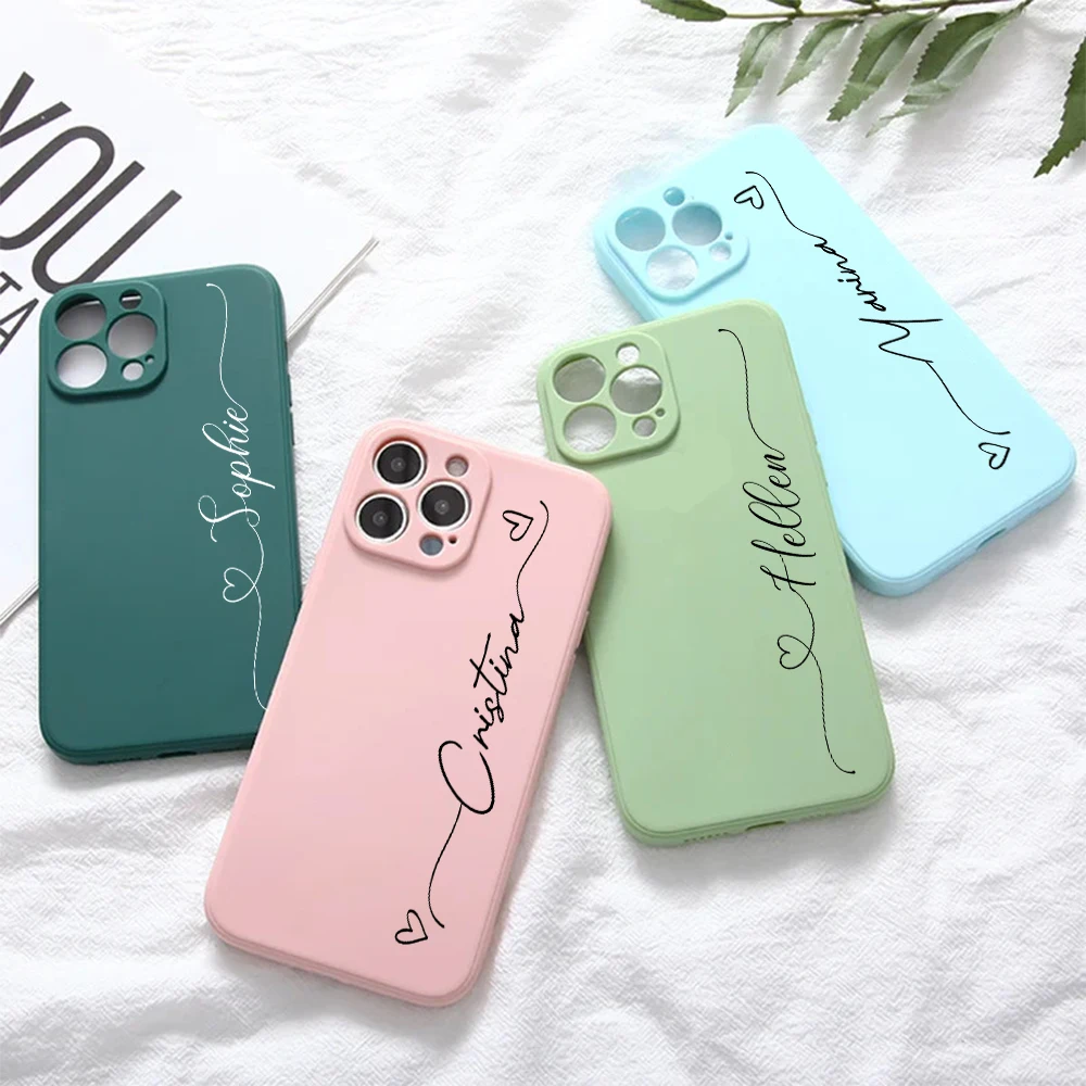 Simple Line Heart Custom Name Phone Cover for iPhone 16 Pro Case 12 13 14 15 Plus Silicone Funda for iPhone 11 Pro Max Case