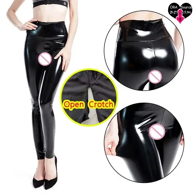 Woman Leather Open Crotch Leggings Pants Sexy Flash Latex Double Hidden Zippers Outdoor Sex High Rise Clubwear Erotic PU Panties