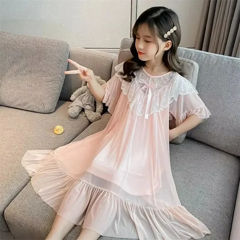 Baby Home Clothes Summer Modal Children's Nightdress Princess Style Girls Nightdress Ruffled Edge Bowknot Decoration Nightdress