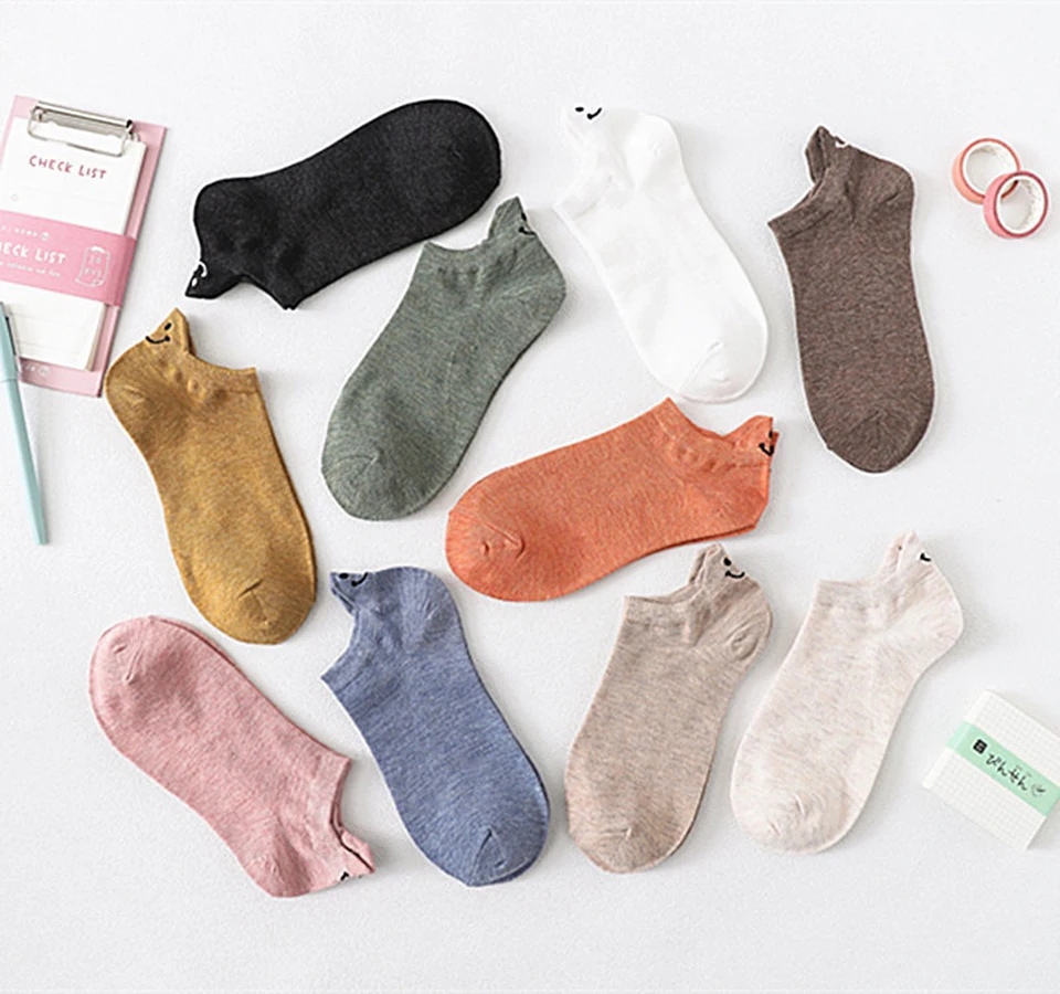 10 Pairs Kawaii Short Socks For Women Spring Summer Lovely Heel Embroidered Smiling Face Female Cotton Personality Ankle Socks