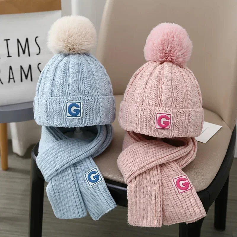 Fashion Sporty Beanie Scarf Set for Kids Boy Girl Chic Letter G Crochet Bonnet Scarf Set Autumn Winter Warm Knitted Hat Scarf