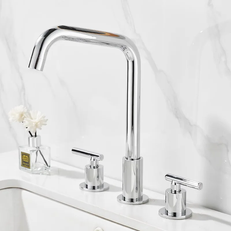 Gold Plated Basin Split Three Hole Faucet with Dual Control for Hot and Cold, Seated Basin Faucet Three Piece Set