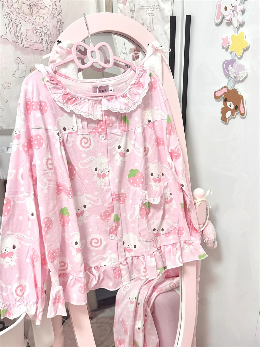 スイートラビットデザートパジャマセット長袖人形襟ホーム服女性のための春夏秋ソフトポリエステル衣装 1