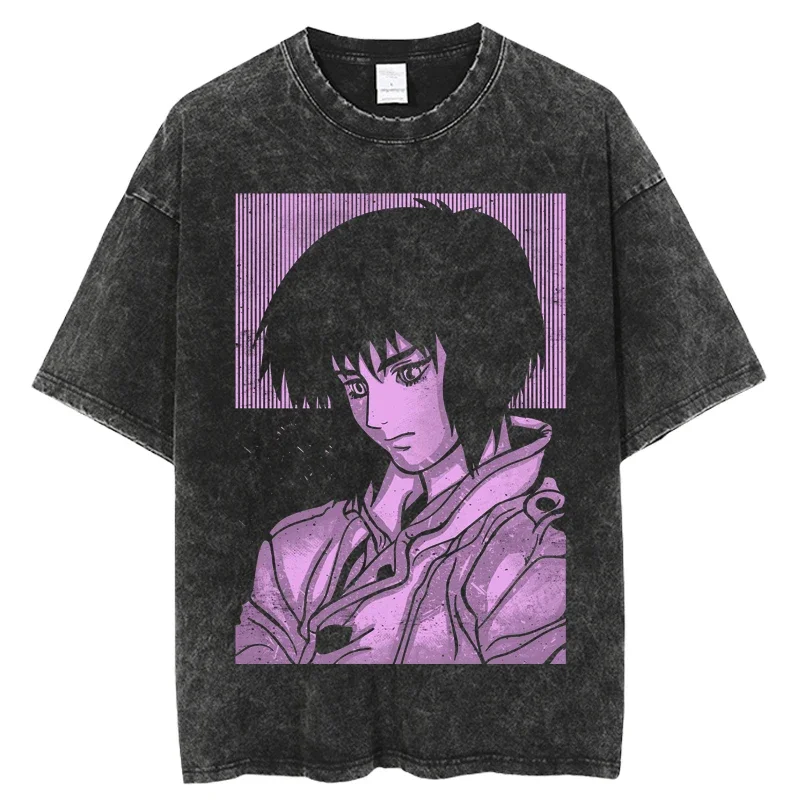 T-shirts Mens Clothing Graphic Manga Harajuku Tees Unisex Summer Top Male Streetwear Hot  Anime Ghost in the Shell Washed