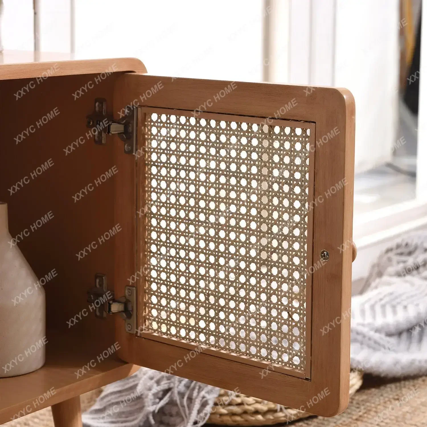 Japanese Rattan Bed Side Table Retro Nightstand Wood Bedside Tables Small Square Table Storage Cabinet Sofa Small Side