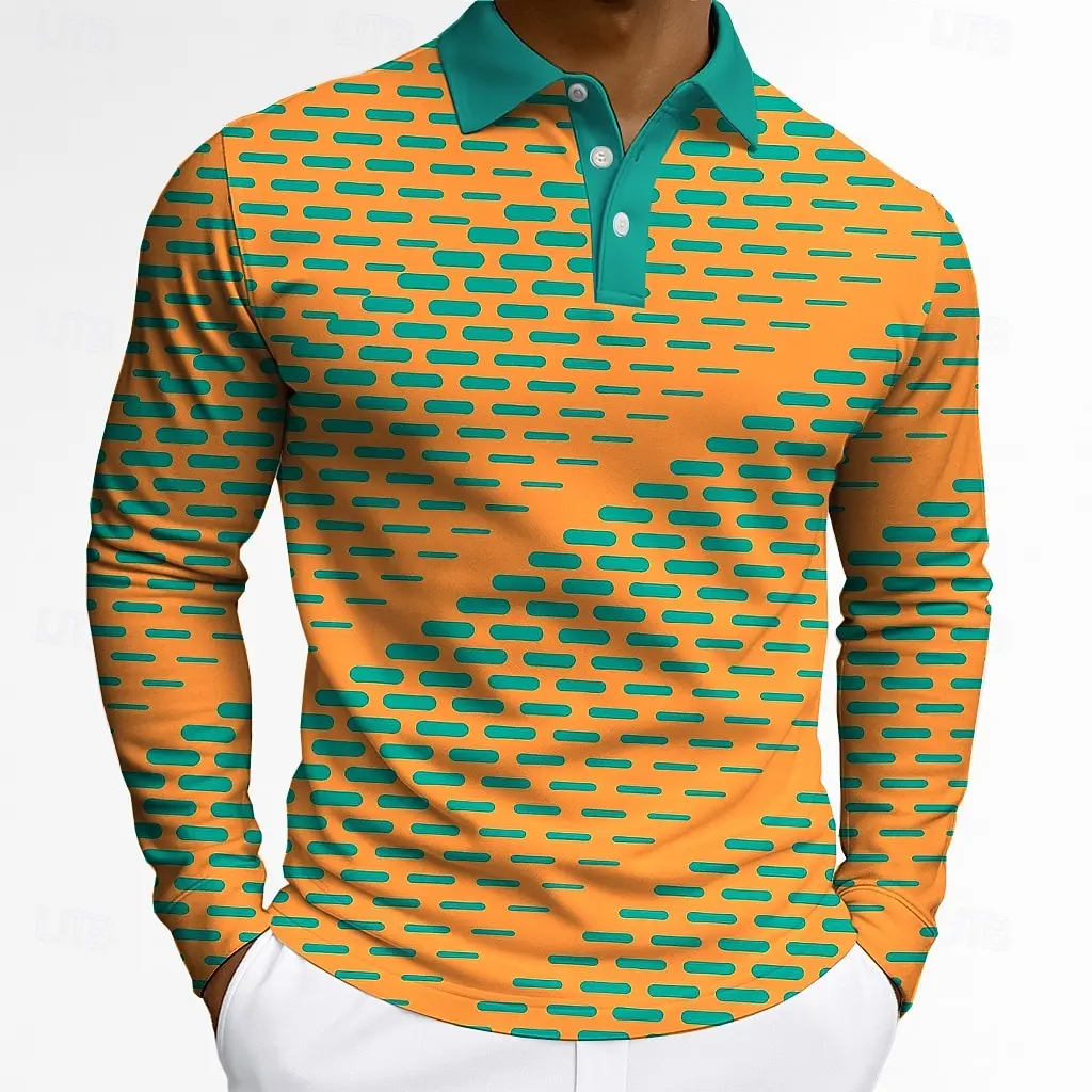 

3D Geometric Dot Print Polo Shirt For Men Autumn Winter Daily Casual Long Sleeve Pullover Top Simple Design Button Lapel Clothes