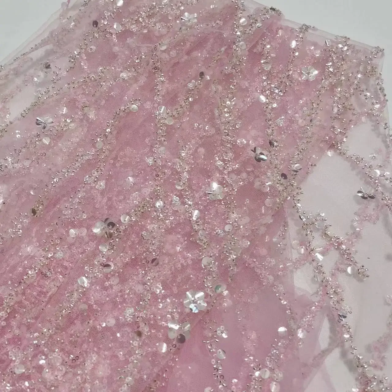 Bebê rosa frisado lantejoulas listra vestido de casamento tecido de renda, espumante e brilhante, diy costura roupas decoração rs24437