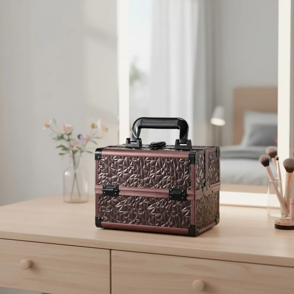 

Portable Makeup Case with Mirror & Lock, 2-Tray Cosmetic Organizer for Travel, Dark Brown Waterproof Storage Box