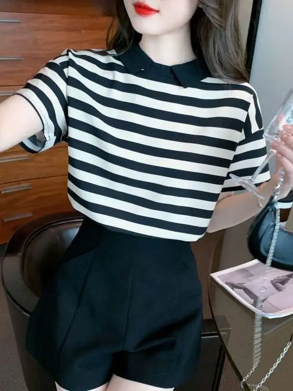 

European Style Women's Chiffon Shirt Summer New Short Sleeve Cleanfit Poly Fabric Neck Thin Stripe Pattern Ladies Shirt