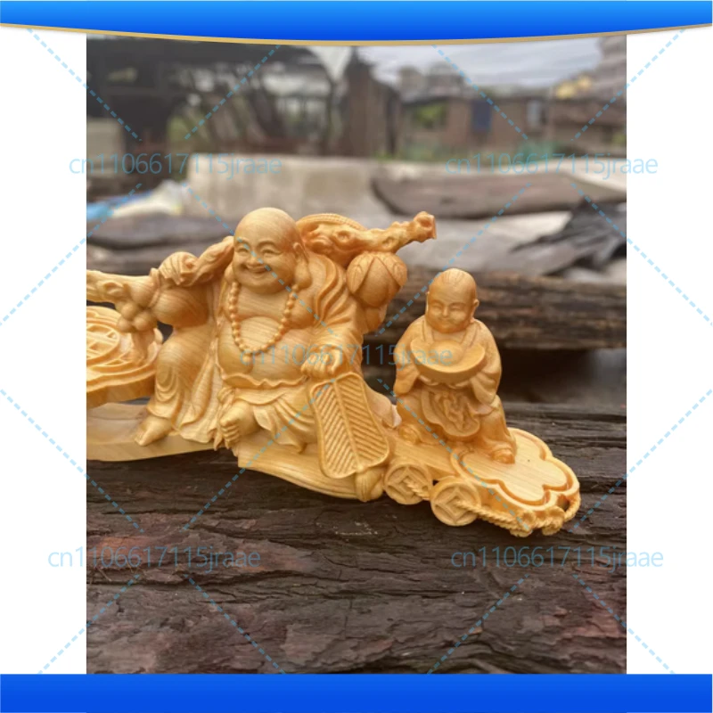 Wooden carving Ruyi ingot Maitreya Decorative statue Chinese characteristic ornaments Home Room Office Desktop Figurines