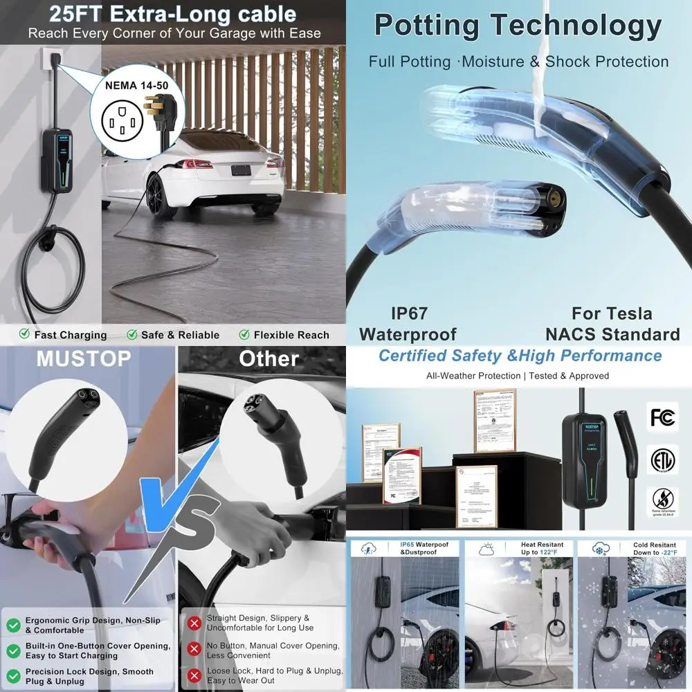 

Портативное зарядное устройство для электромобилей Level 2 для Tesla, автомобильное зарядное устройство NACS 40 А с удлинителем 240 В, 25 футов, зарядная станция для электромобилей для автомобилей Tesla【