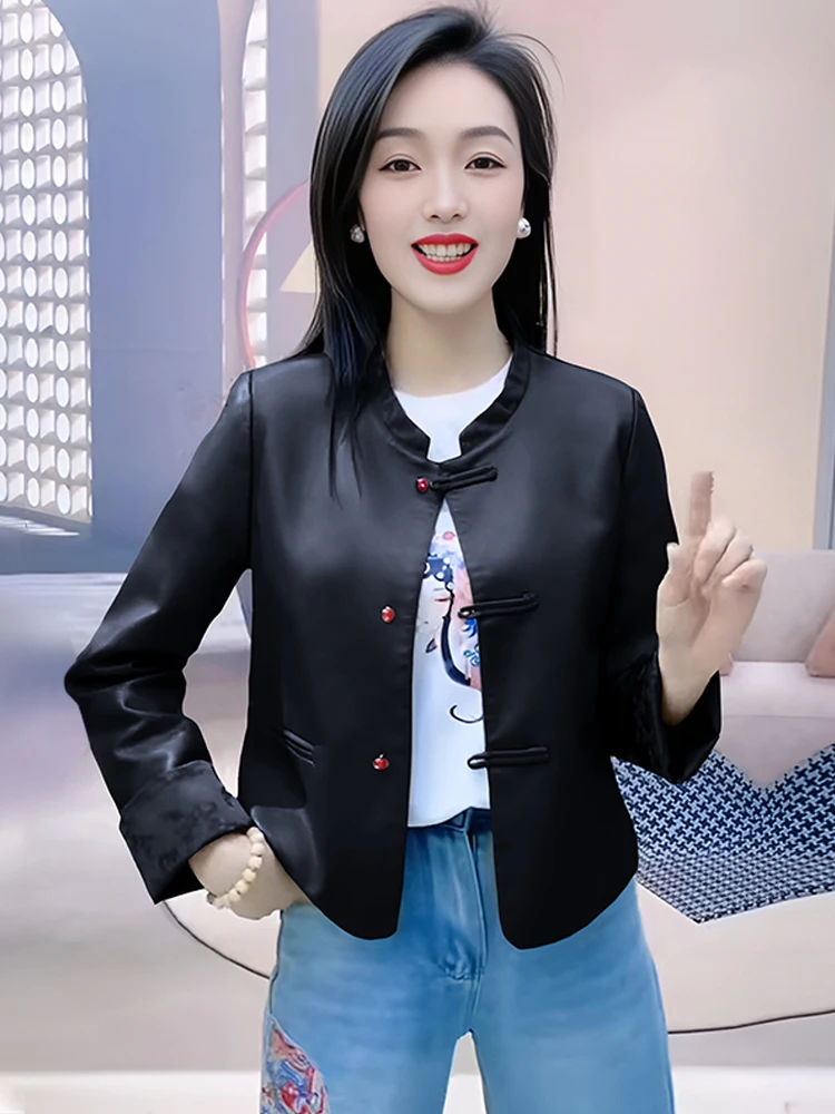 Fashionable Stand Collar Chinese Style Women's Jacket 2026 Spring New Arrival PU Leather Coat with Button Details Versatile O...