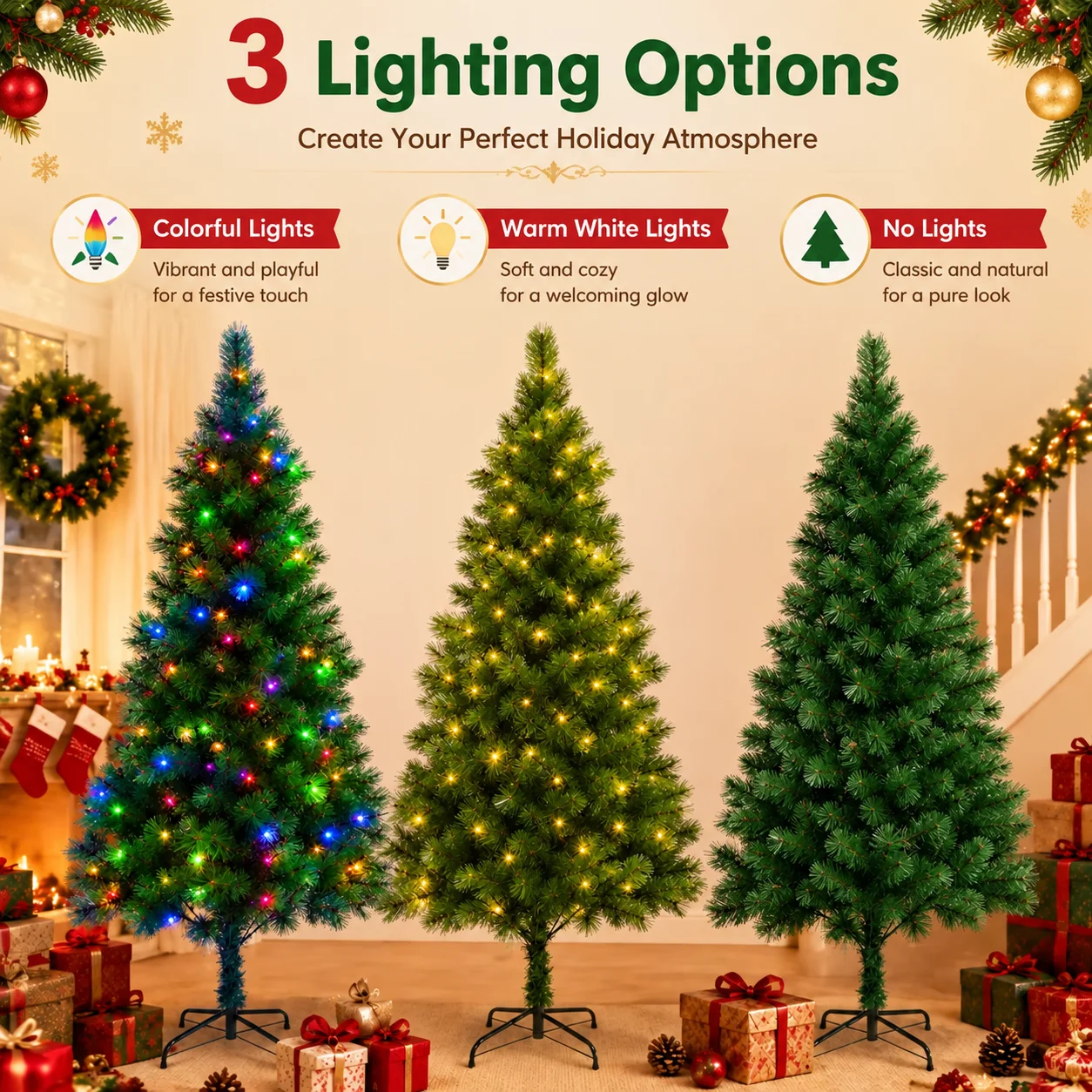 PET Pine Needle Artificial Christmas Tree with USB LED String Lights DIY Xmas Tree Holiday Home Decor 90/120/150/180/210/240cm