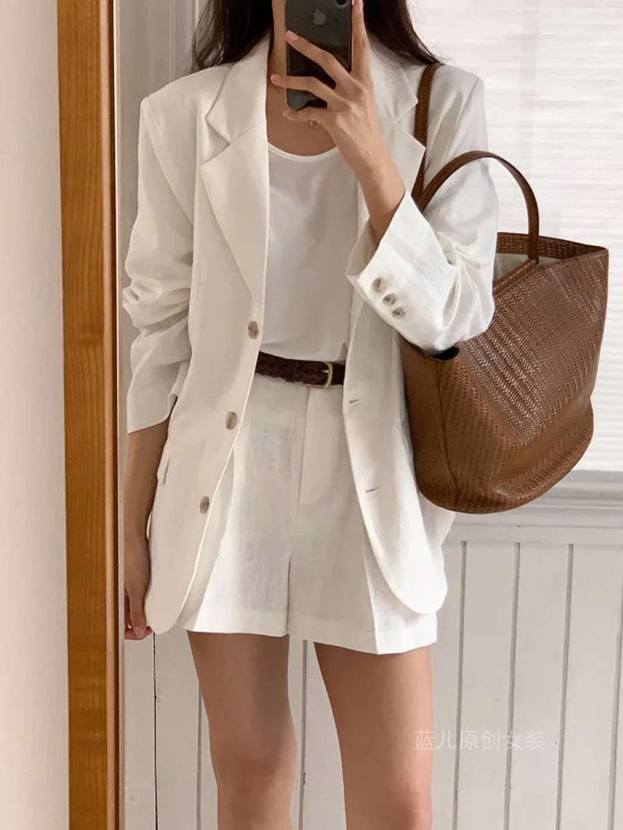 SuperAen 솔리드 컬러 코튼 및 린넨 블레이저 여성용 여름 2025 새로운 루즈하고 캐주얼한 반바지 바지 투피스 세트