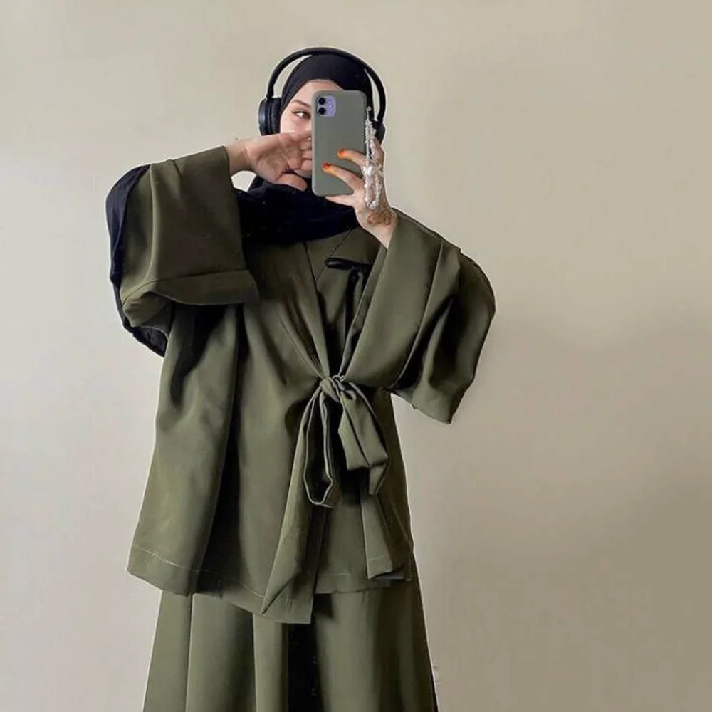 Fashion Modest Muslim Matching Set 2 Piece Dress Women Kimono Lace Up Tops Skirt Suit Dubai Turkey Kaftan Abaya Ramadan Outfits